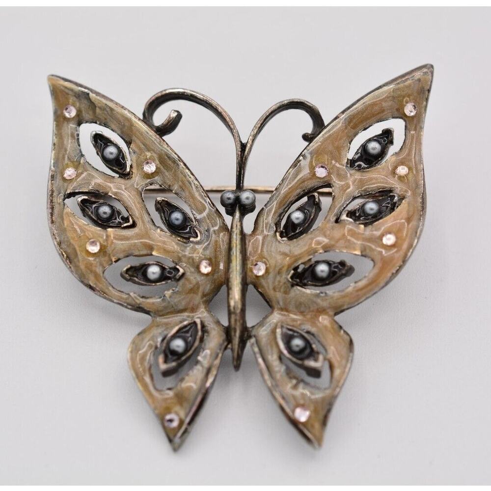 Vintage Rhinestone Butterfly Pin Brooch Gray Enamel Crystal W Signed 80s BinA16